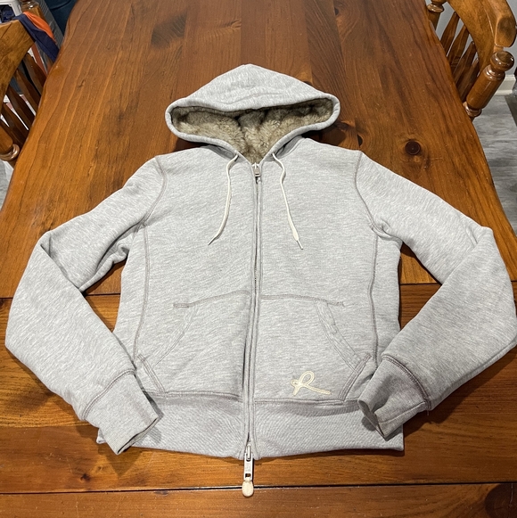 Ruehl No. 925 Abercrombie Vintage Y2k Grey Faux Fur Lined Full Zip Hooded Jacket